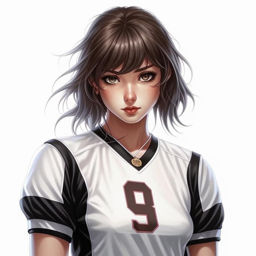 A stunning anime girl in a white football jersey strikes a cute pose