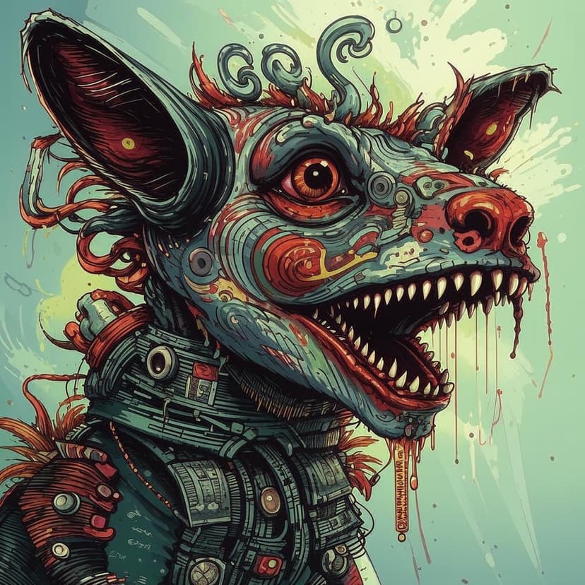 “A hand-drawn close-up of a grotesque pet creature