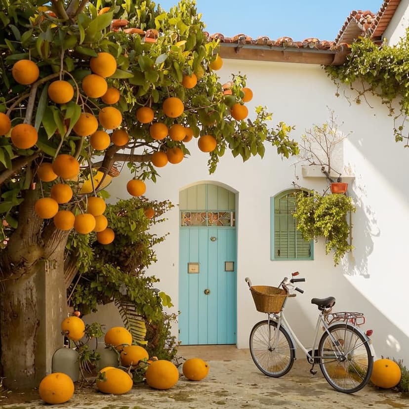 A charming white Mediterranean house with a rustic wooden door