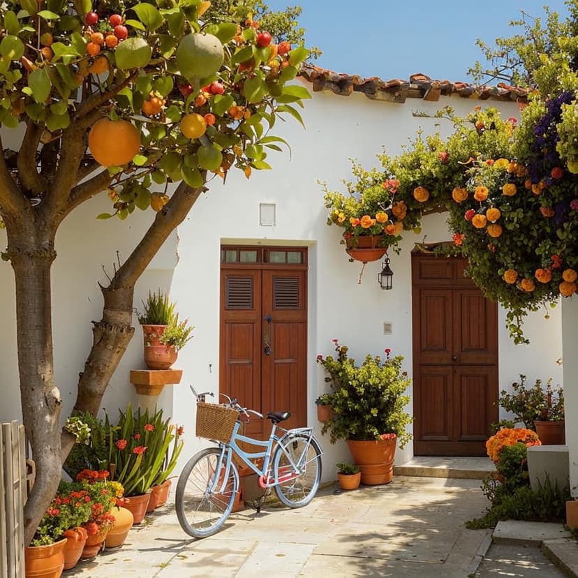 A charming white Mediterranean house with a rustic wooden door