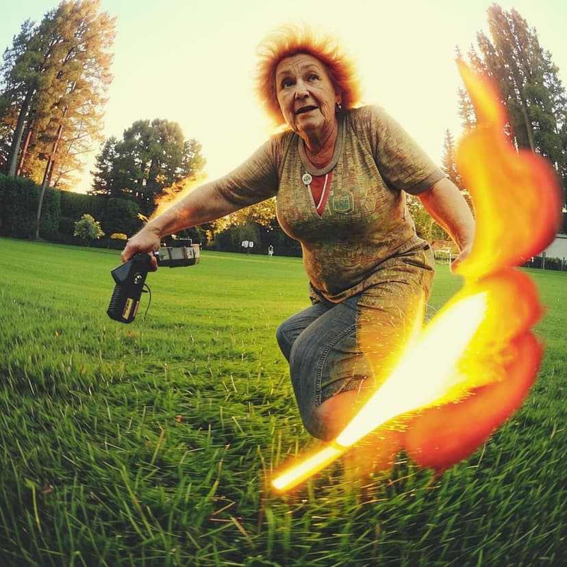 A retro vinyl cover for “Calm Down” features a fisheye shot of a fiery granny chasing a squirrel with a flamethrower off her lawn