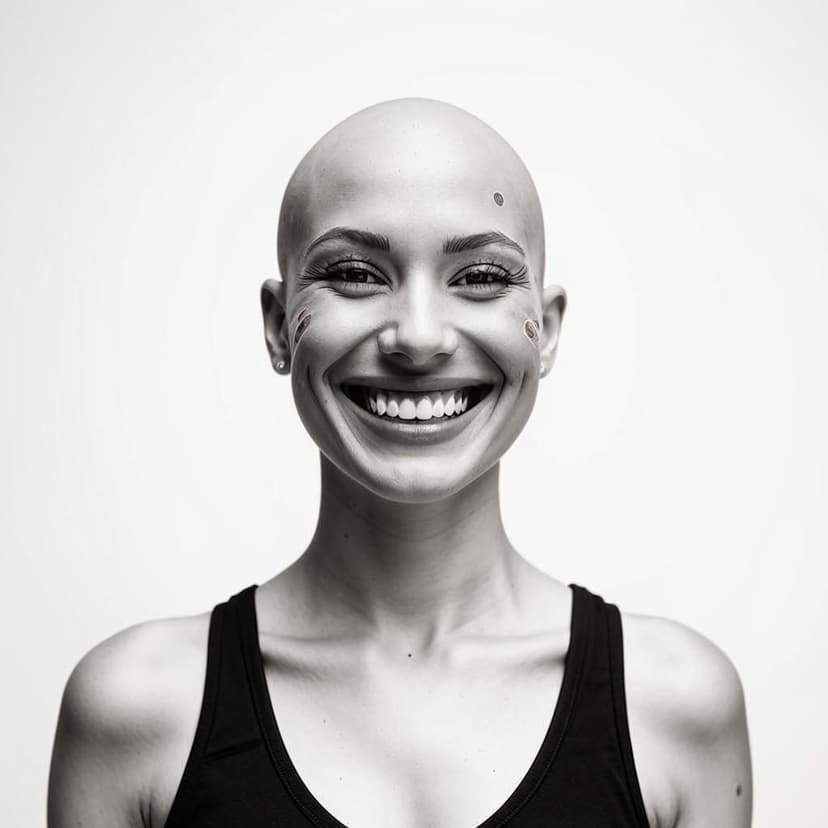 A 20-year-old woman with a striking shaved hairstyle smiles confidently at the camera. Fine