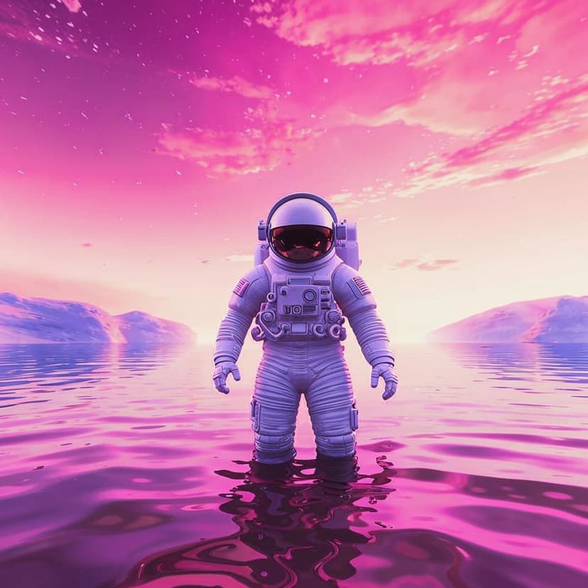 An astronaut in a sleek white and silver spacesuit (#F8F0F4) stands waist-deep in a sparkling pink ocean (#FF69B4)