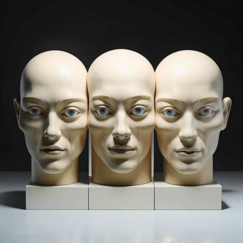Four head sculptures with exaggerated four-eyed faces