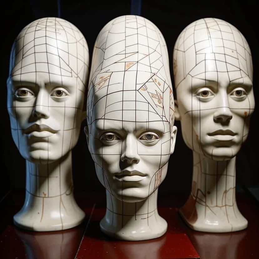 Four surreal head sculptures with four eyes each