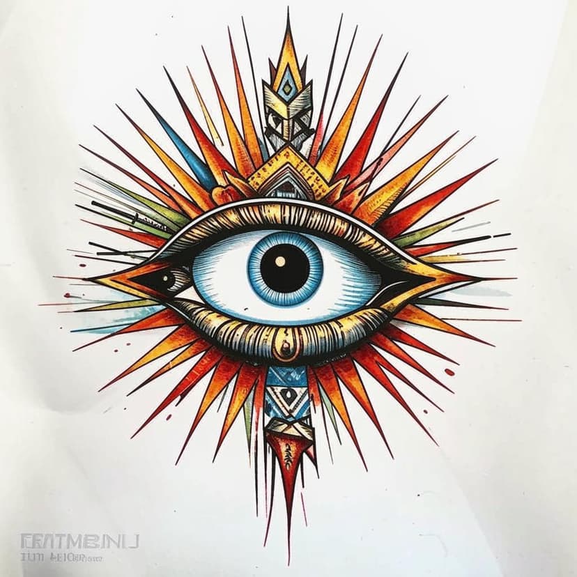 A tattoo flash design featuring a man’s eye with sun rays