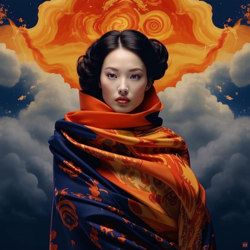 A striking contemporary portrait of a woman draped in a crimson cashmere shawl with golden flames