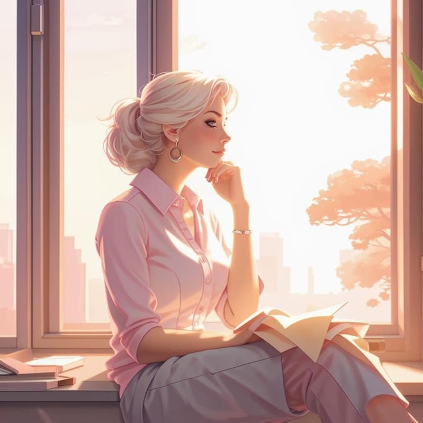 **”A Moment’s Pause”** – A serene anime-style illustration of a mature woman in a light pink shirt