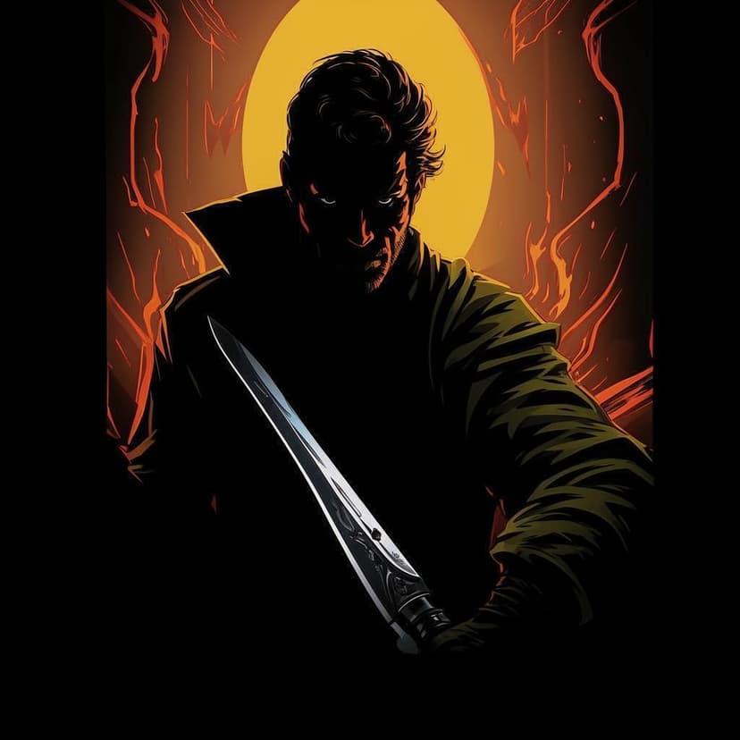 Vibrant animated silhouette of a dramatic character with glowing eyes wielding a knife