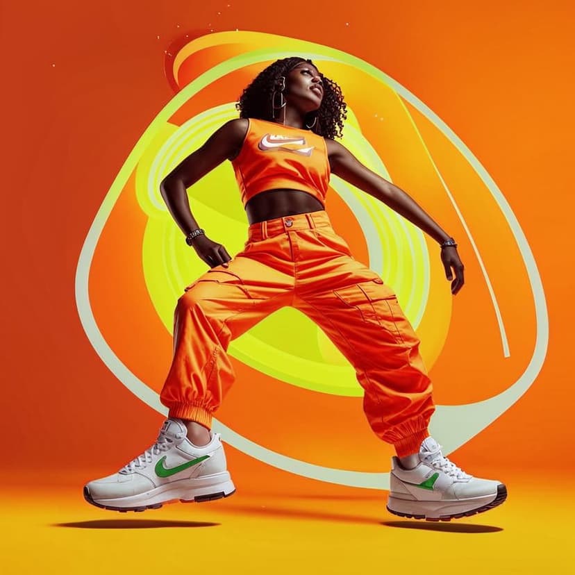“Vibrant Nike Air ad with a bold female model in orange cargos