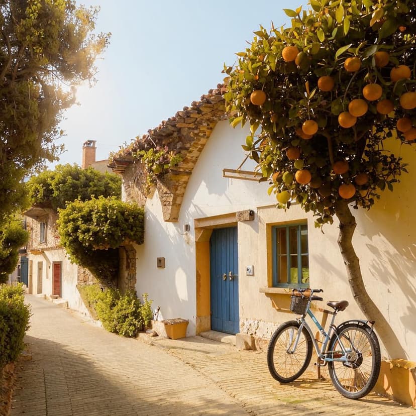 A serene Mediterranean scene with a white cottage