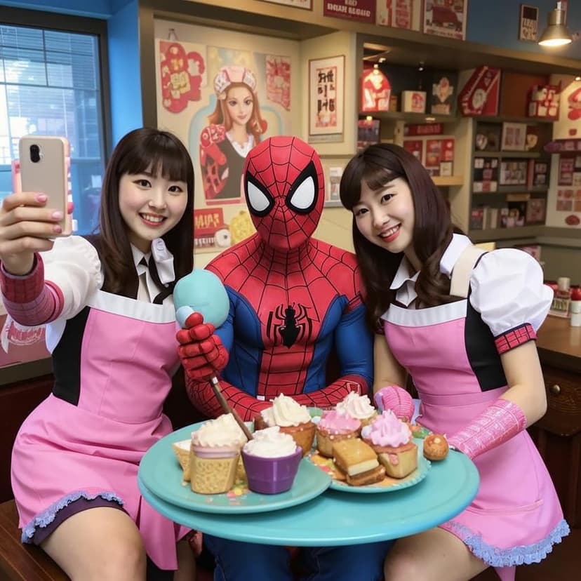Spider-Man snaps a selfie with adorable Japanese maids at a cozy cafe