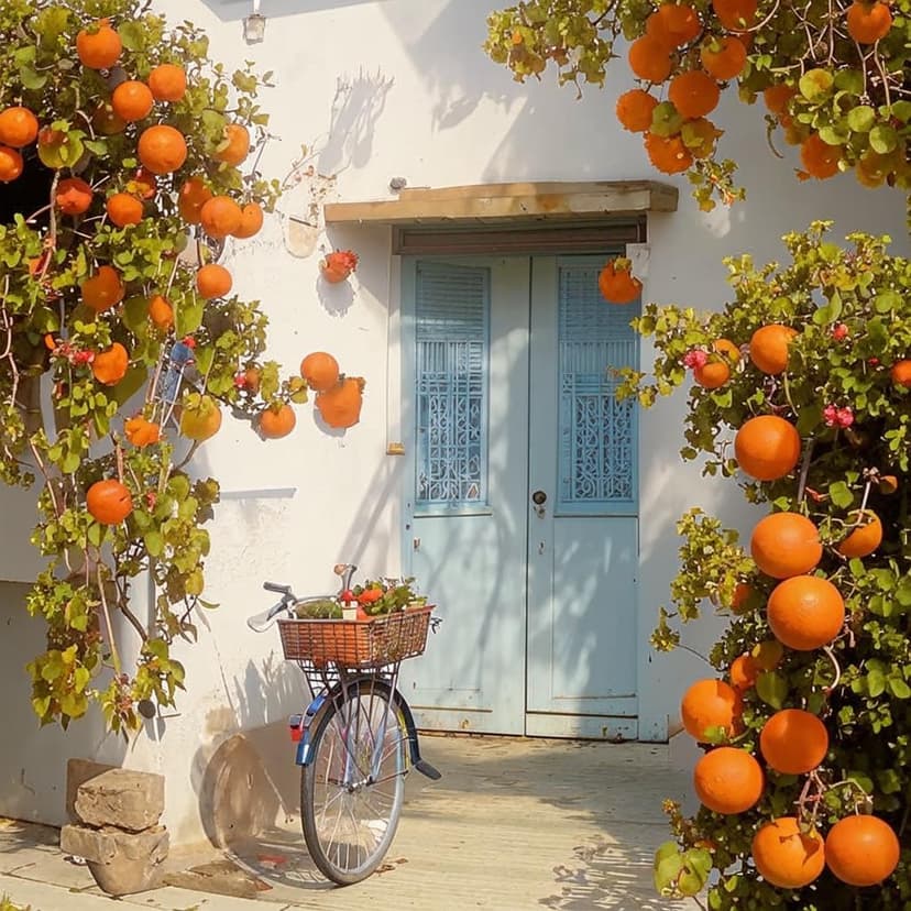 A charming white Mediterranean house with a rustic wooden door