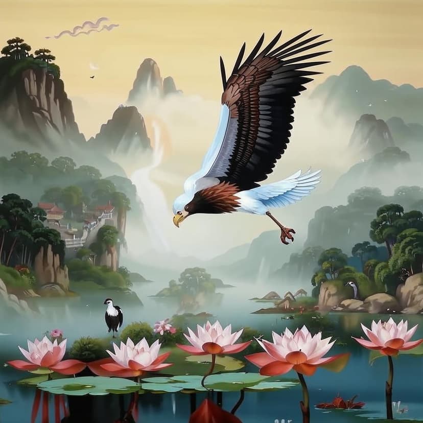 A regal eagle glides above misty peaks as a serene crane stands among lotus blossoms