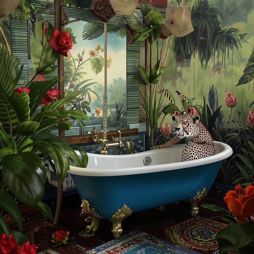 A playful cheetah lounges in a clawfoot tub