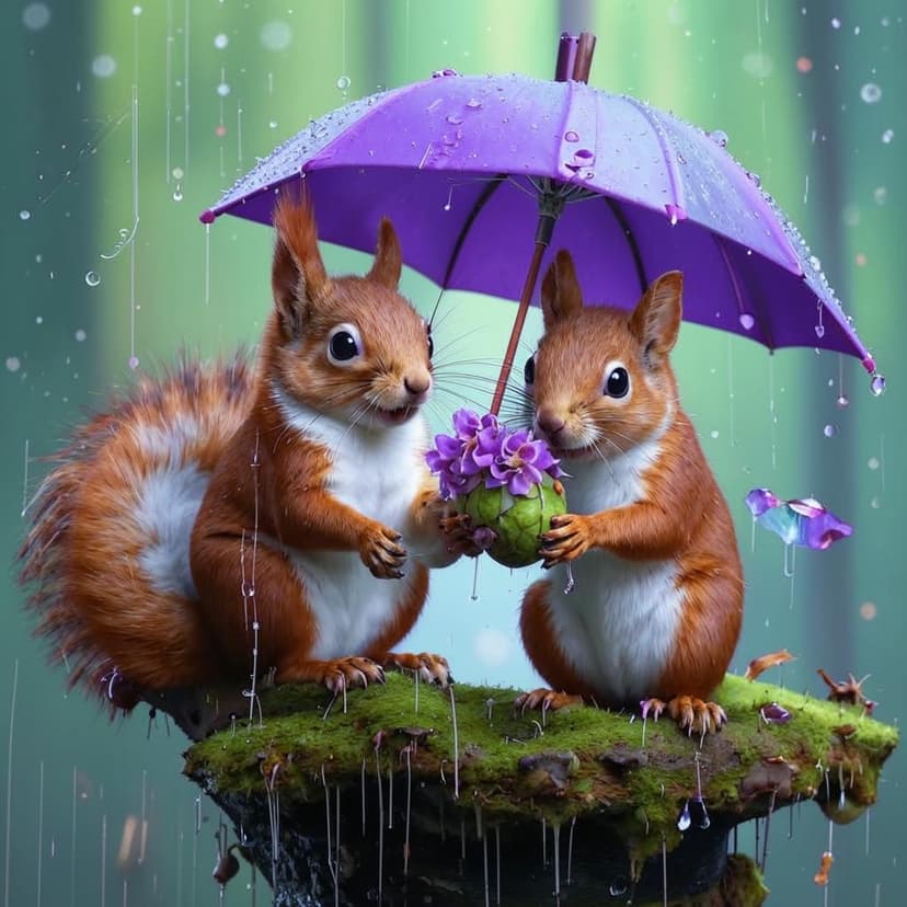 Two red squirrels cradle a rain-speckled purple morning glory like a tiny umbrella