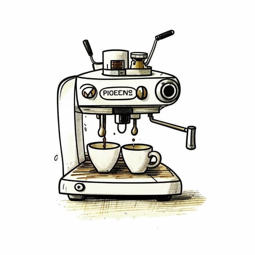 A minimalist espresso machine and cup sketch on white