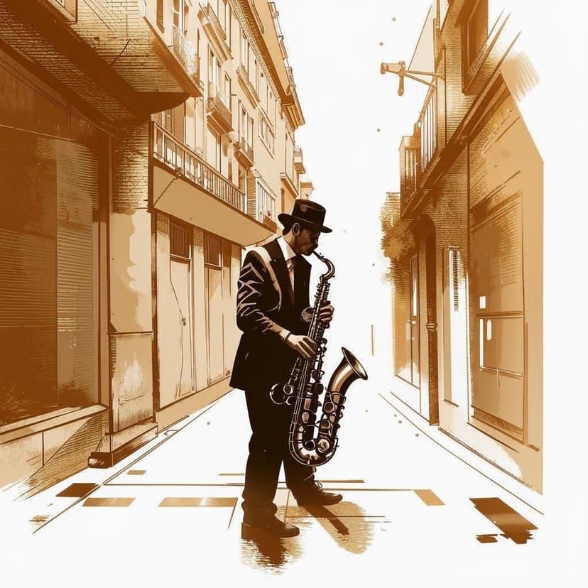 “Solitary saxophonist sketched in warm coffee tones