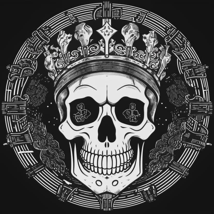 Black and white vector line art of a crowned skull in chainmail