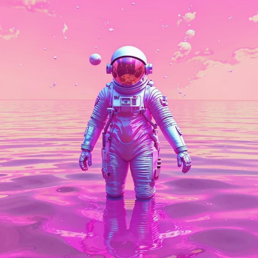 An astronaut in a sleek white and silver spacesuit (#F8F0F4) stands waist-deep in a sparkling pink ocean (#FF69B4)