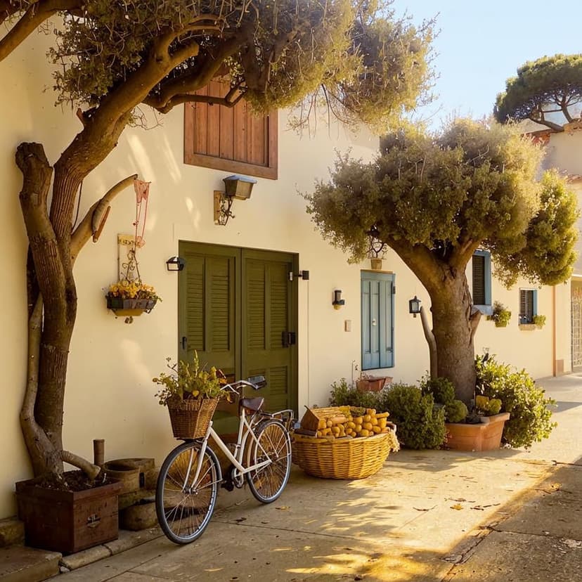 A charming Mediterranean white house with a rustic door
