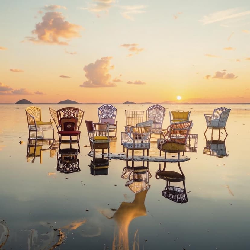 A dreamy array of plush designer chairs in varied hues and forms floats on a glassy ocean