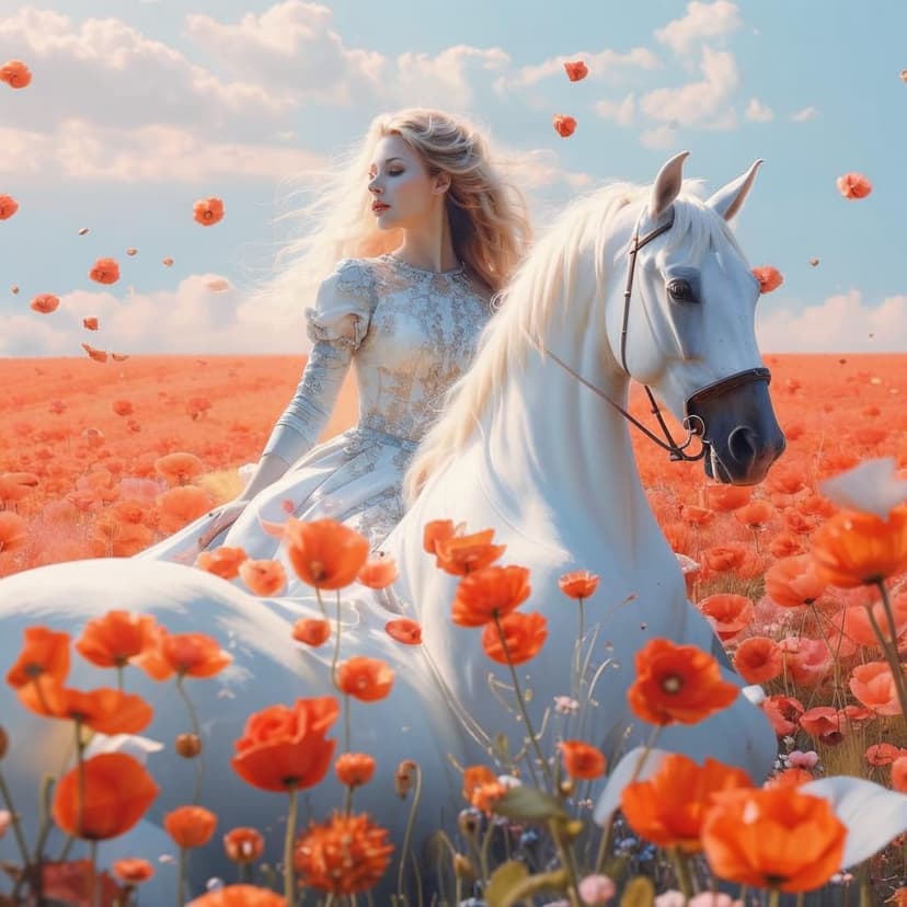 A surreal dreamscape: a woman in a porcelain-patterned dress lies on a white horse amid a sea of vibrant poppies