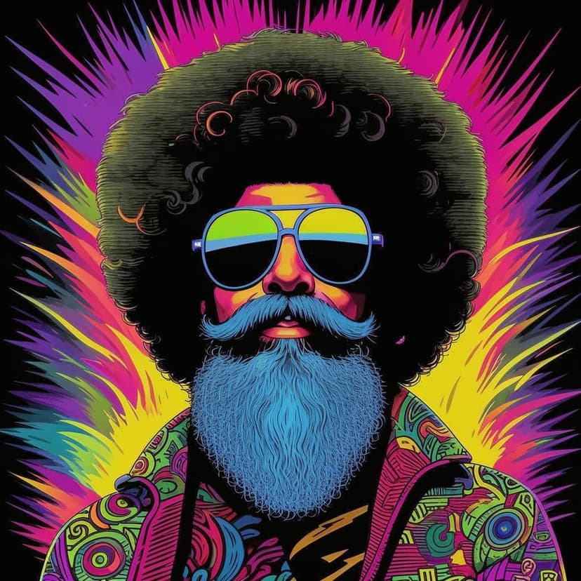 Groovy psychedelic poster with Bob Ross’s smiling face (big afro