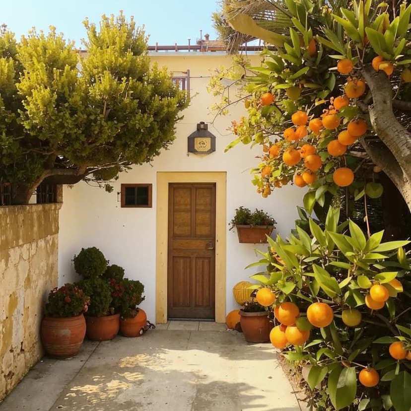 A charming white Mediterranean house with a rustic door