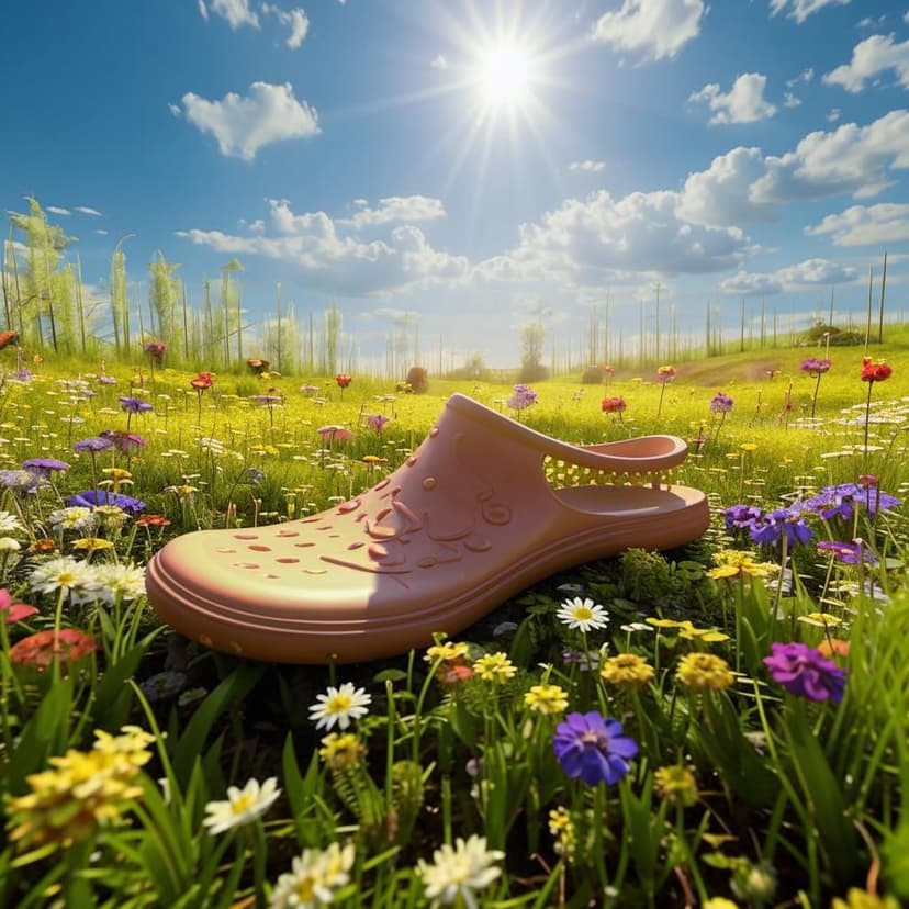 一只橡胶拖鞋漂在开满野花的小溪边，五彩斑斓的花海环绕，春日暖阳下，仰拍的广角镜头展现出生机勃勃的三维渲染美景。  

（注：严格控制在26字，通过”五彩斑斓的花海”等简洁表达呈现原描述的繁花盛景，同时保留所有关键元素：拖鞋、小溪、花朵、春天、仰视视角、广角镜头和3D质感。）