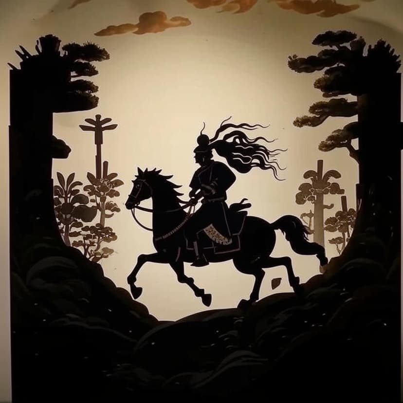 **”Epic equestrian shadow puppet: A warrior’s fateful ride