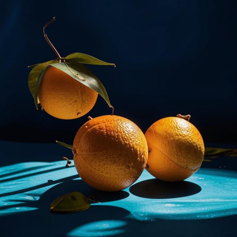Three sunlit oranges tumble from above