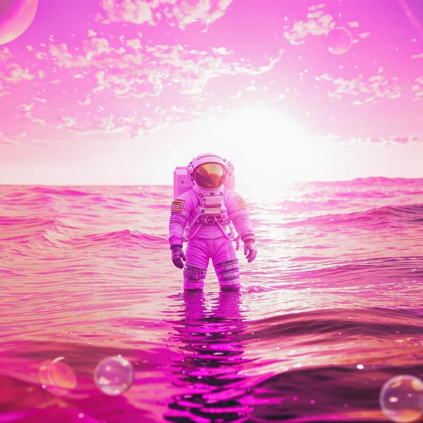 An astronaut in a sleek white and silver spacesuit (#F8F0F4) stands waist-deep in a sparkling pink ocean (#FF69B4). Their helmet glows with effervescent magenta liquid (#DA70D6)