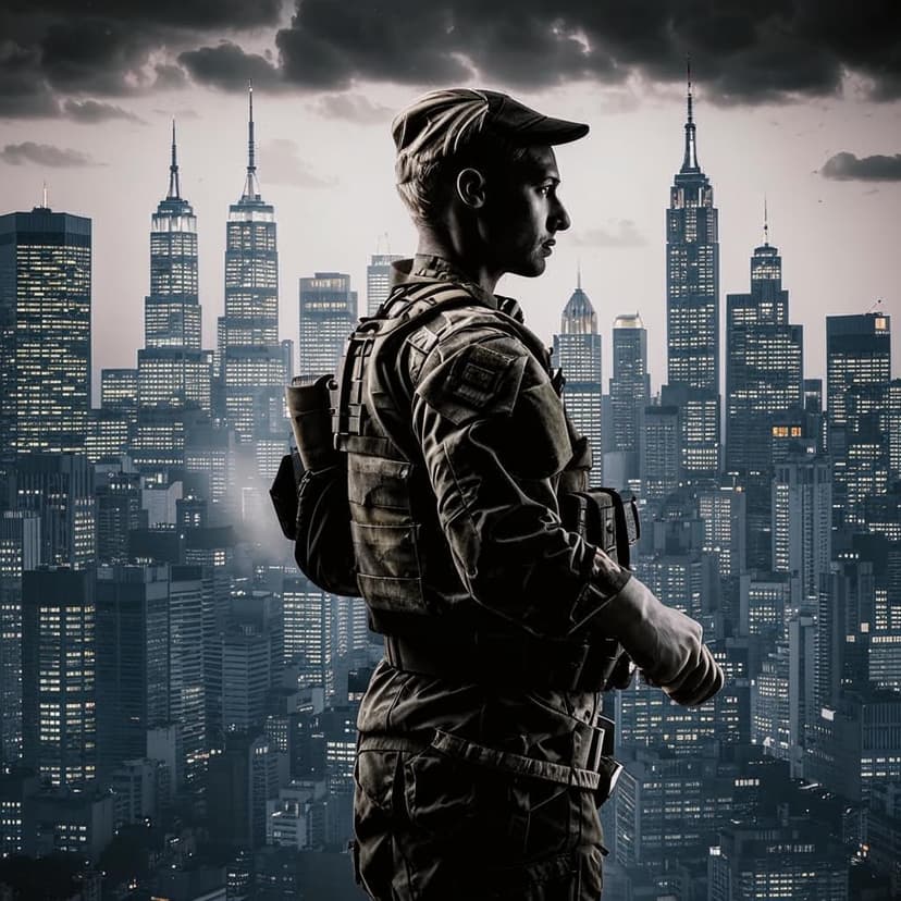 Stunning blonde soldier’s silhouette blends with NYC skyline in a striking double exposure portrait