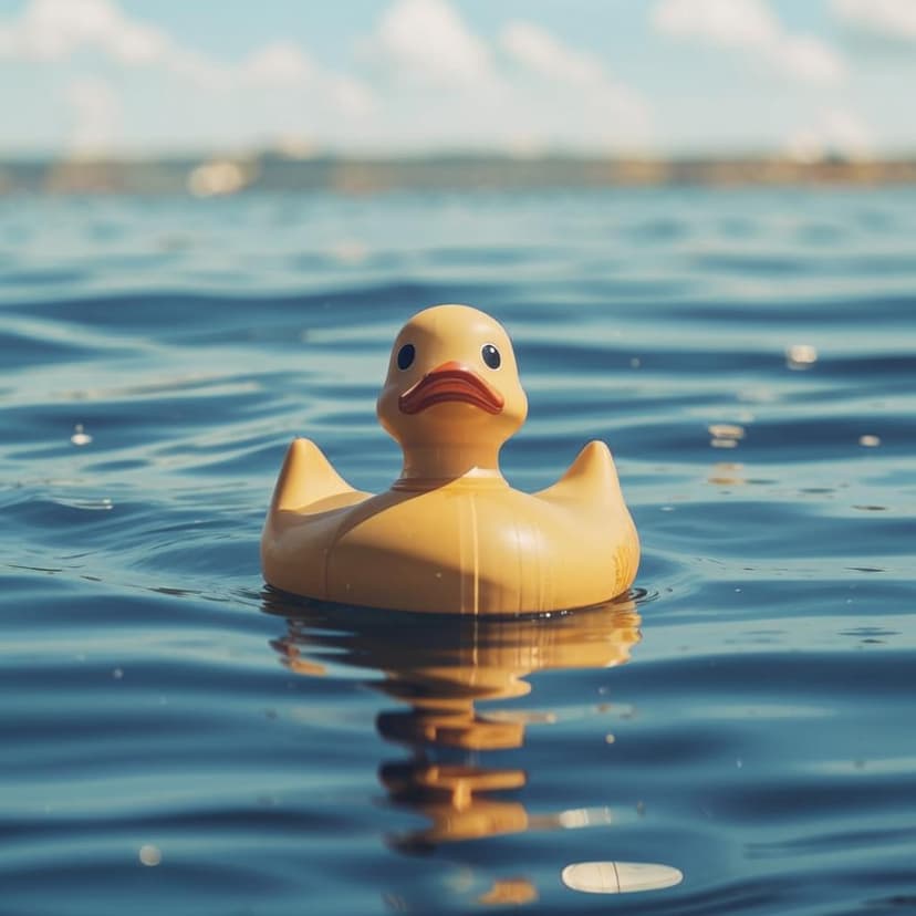 A serene Wes Anderson-style close-up of a rubber duck floating on still ocean water