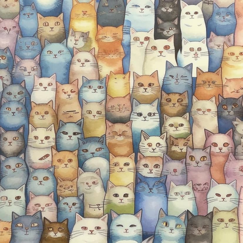A dreamy watercolor wall of countless snugly packed fluffy cats in varied fur patterns