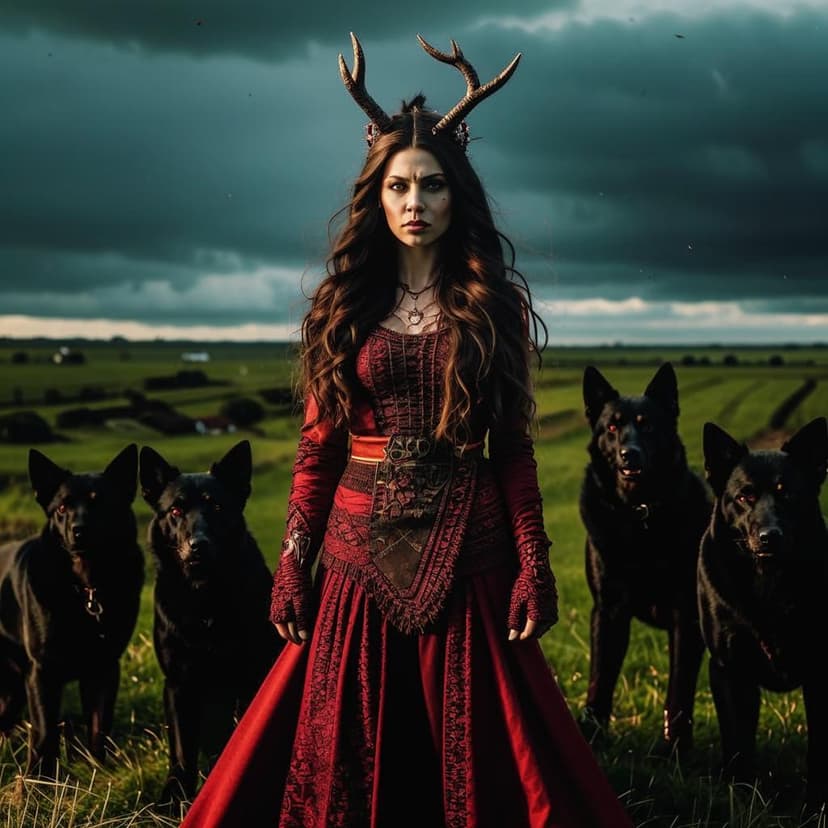 Award-winning hyper-realistic HD photo: A fierce Asgardian Demon Queen in a pure red lace Viking dress