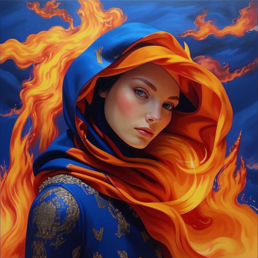 A striking contemporary portrait of a woman draped in a crimson cashmere shawl with golden flames