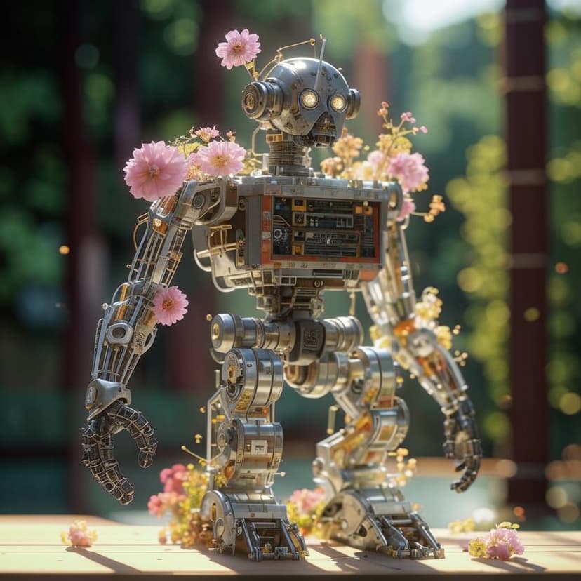 **”Botanibot”** – A transparent robot figure filled with vibrant