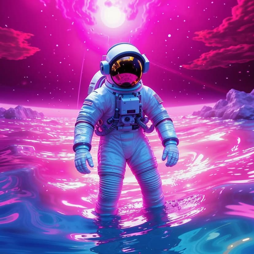 An astronaut in a gleaming white spacesuit (#F8F0F4) wades through a sparkling pink ocean (#FF69B4)