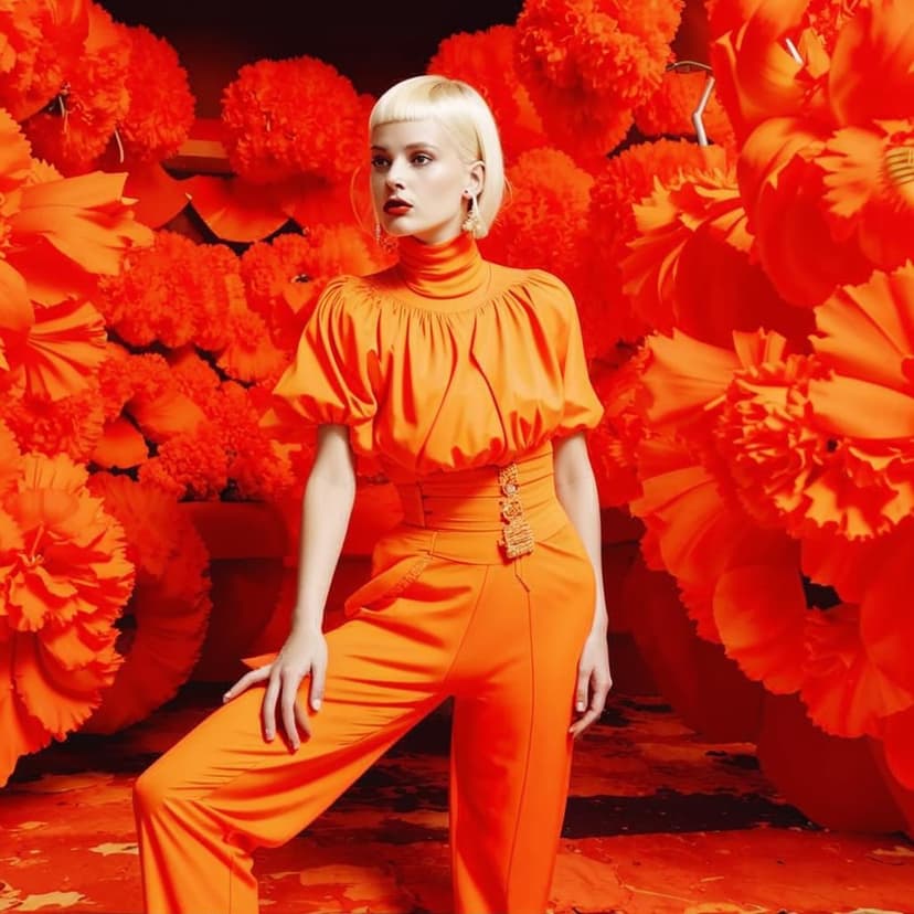 A striking 90s-style Calvin Klein ad features Sophie Marceau climbing giant red carnations in an orange jumpsuit