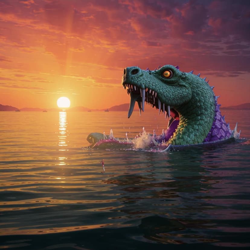 **”Surreal Loch Ness Monster in a vibrant Almodóvar-esque dawn ritual—dramatic
