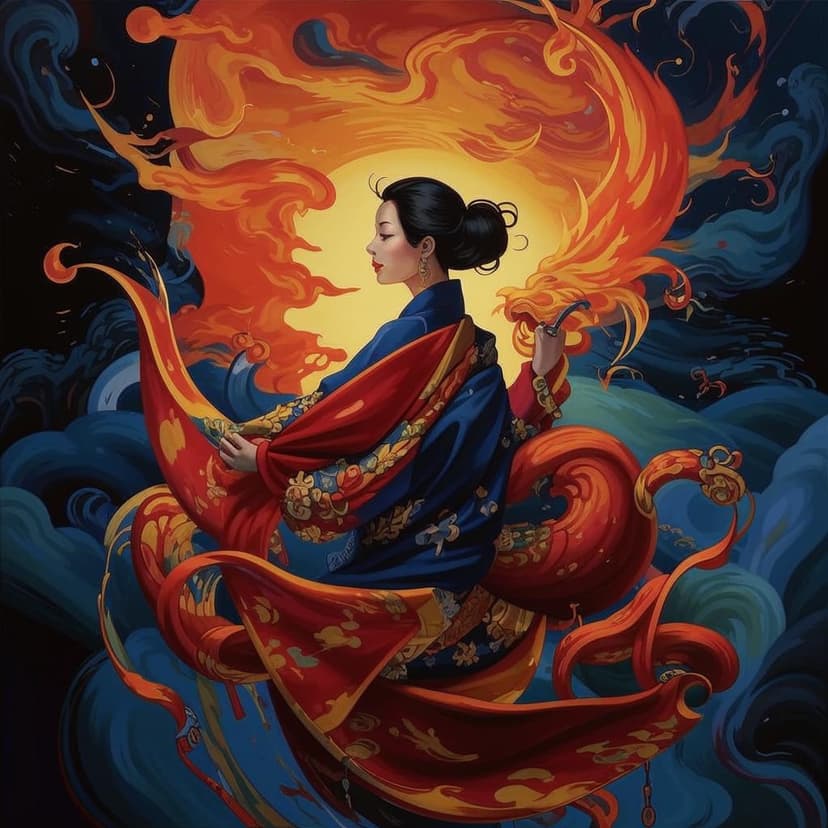 Elegant woman in a crimson cashmere shawl with golden flames stands in a dreamscape of indigo and burnt orange