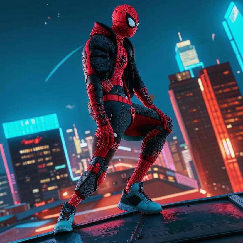 Futuristic Spider-Man in a black and red web-patterned suit with neon Nike sneakers