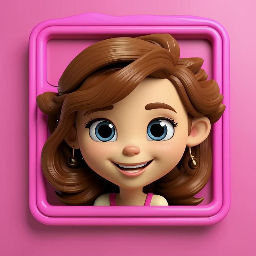 **3D Cartoon Instagram Post Illustration**  

A joyful girl with blue eyes and soft brown waves peeks from a pink-burgundy neurography frame