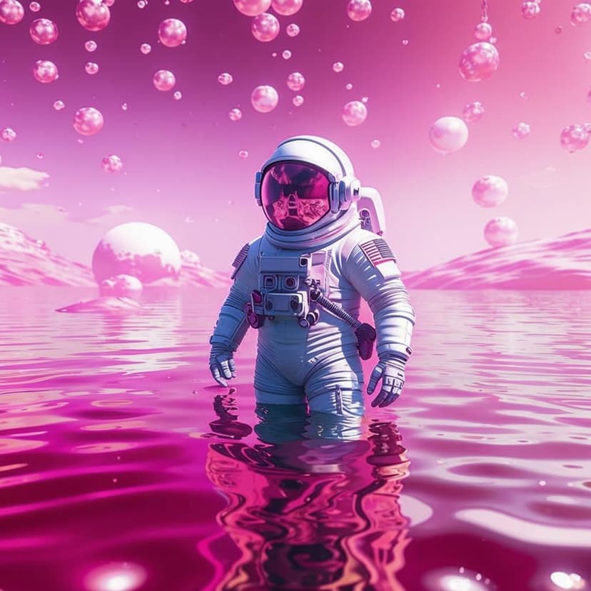 A photorealistic astronaut in a sleek white and silver spacesuit (#F8F0F4) stands waist-deep in a sparkling pink ocean (#FF69B4). Their helmet glows with effervescent magenta liquid (#DA70D6)