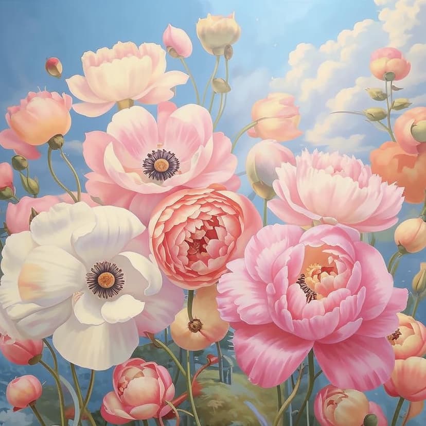 A bouquet of soft-hued peonies and poppies in pink