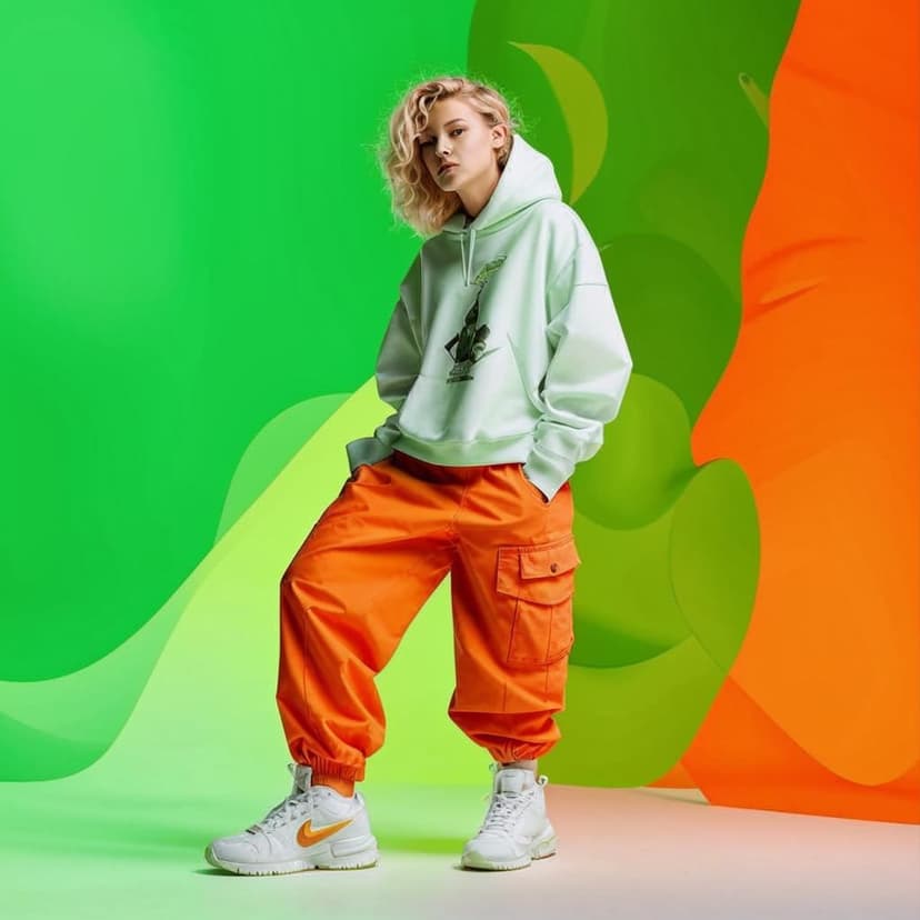 “Bold Nike Air ad: A young model leans back in an oversized white sweatshirt and orange cargos