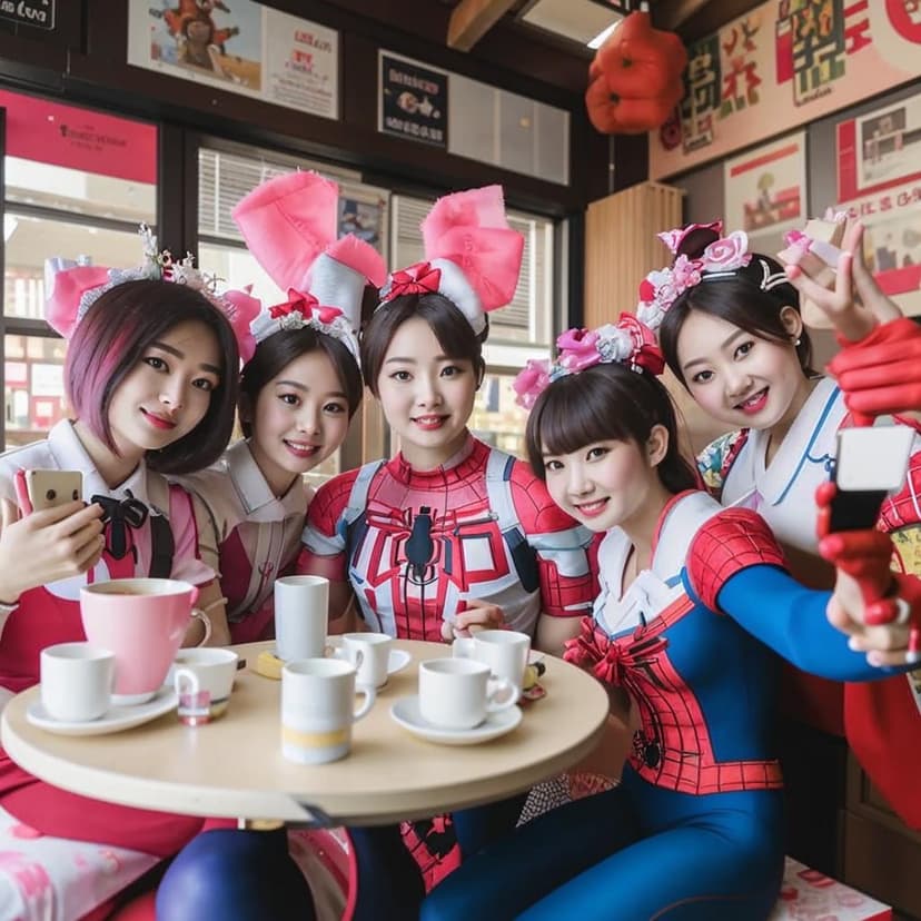 “Spider-Man snaps a selfie with adorable Japanese maids in a café —ar 3:4 —style raw —v 7 —stylize 160 —profile 7fxa5eu”  

(17 words)