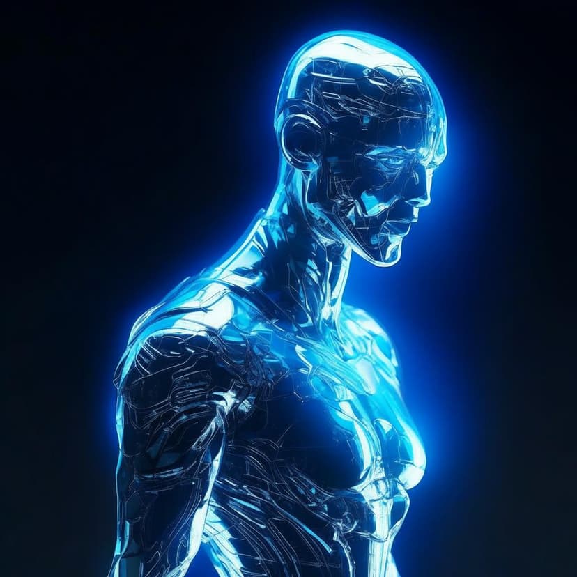 A futuristic AI human form in sleek silver and blue tones